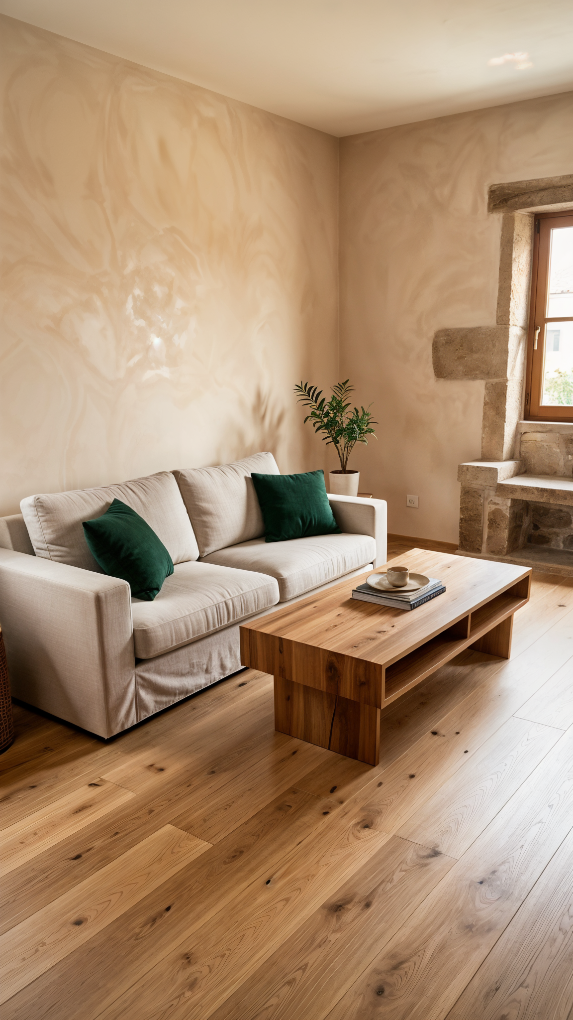 Contemporary interior with wood flooring, stone and natural light