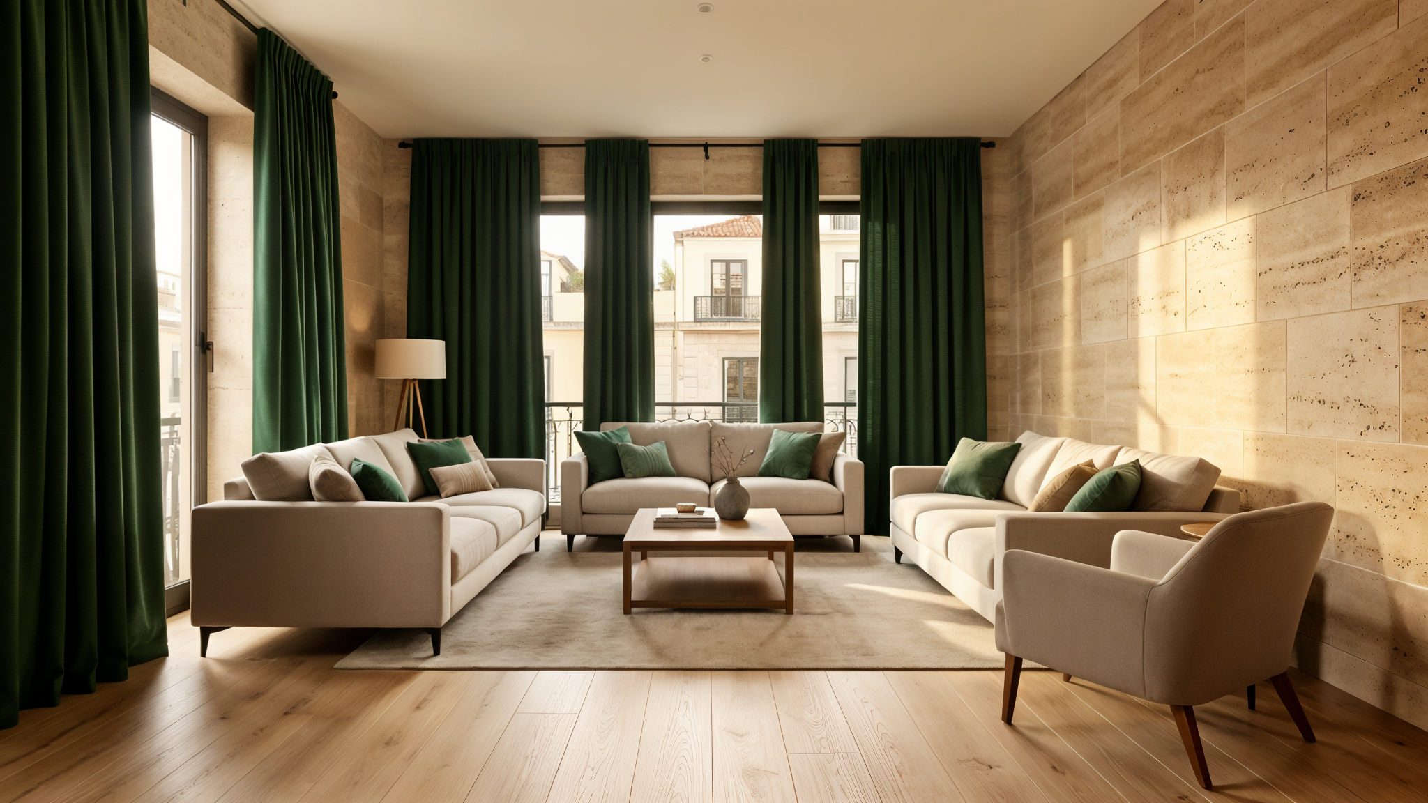Sala contemporânea com pavimento de madeira e luz natural