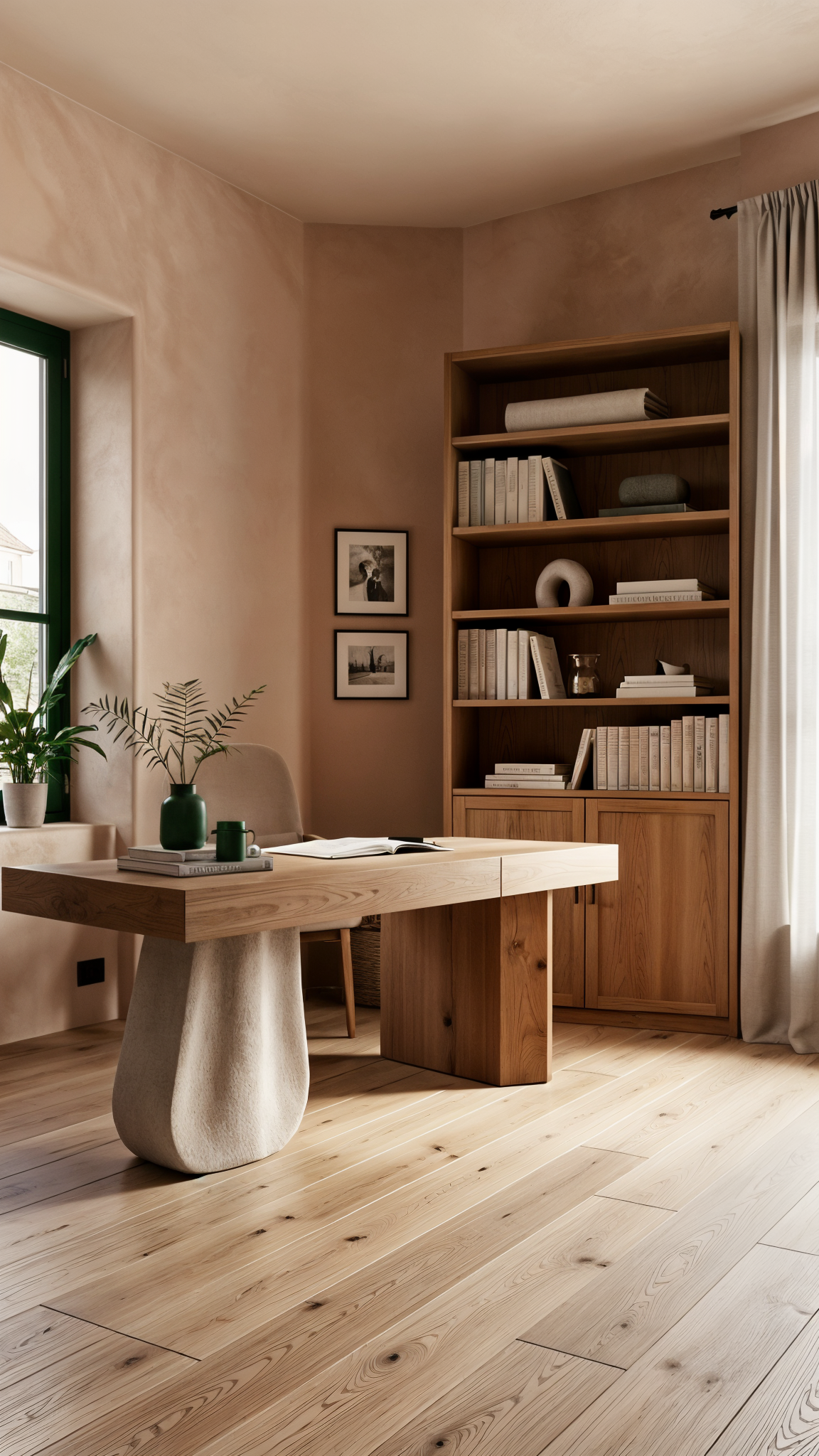 Contemporary office with wood flooring and oak furniture