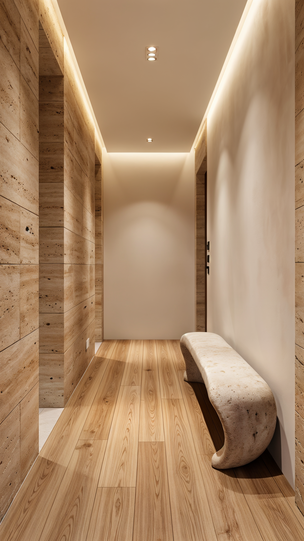 Contemporary entrance with wood flooring and stone walls