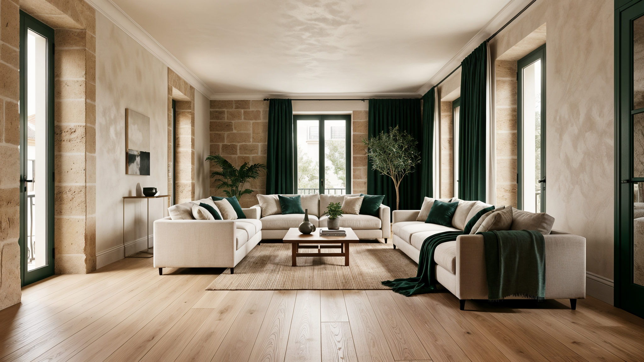 Contemporary living room with wood flooring and natural light