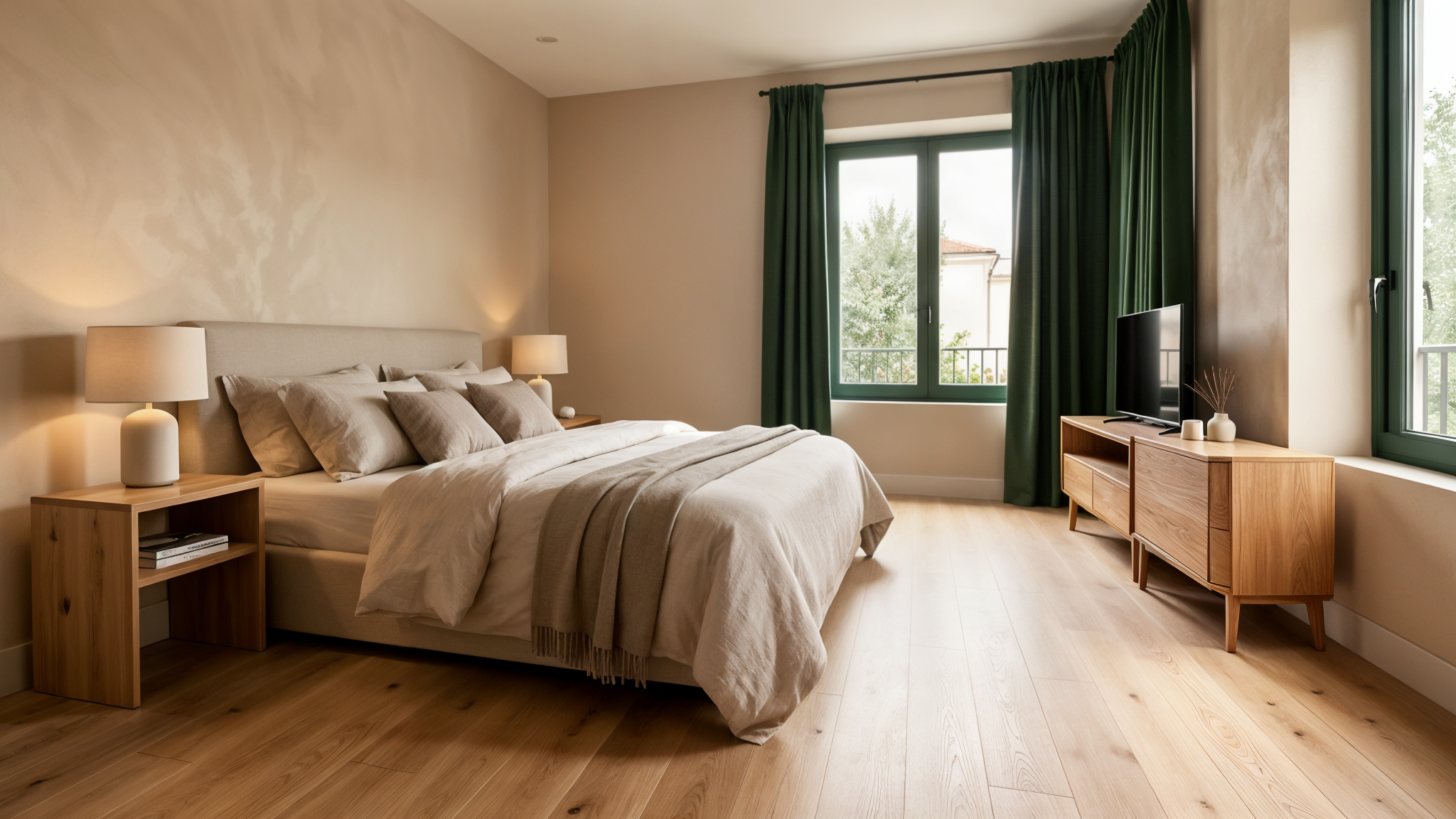 Serene bedroom with wood flooring and natural light